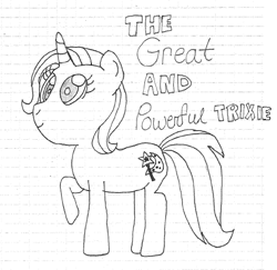 Size: 470x456 | Tagged: safe, artist:nightshadowmlp, derpibooru import, trixie, pony, unicorn, female, graph paper, grayscale, mare, monochrome, raised hoof, simple background, smiling, solo, text, traditional art, white background