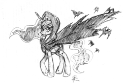 Size: 2752x1824 | Tagged: safe, artist:leadhooves, princess luna, alicorn, bat, pony, bat cloak, cloak, clothes, frown, hood, looking at you, monochrome, raised hoof, serious, solo, unamused