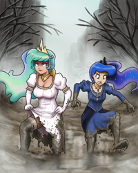 Size: 1202x1500 | Tagged: source needed, useless source url, safe, artist:johnjoseco, artist:king-kakapo, princess celestia, princess luna, human, clothes, dress, female, fog, humanized, jewelry, mud, regalia, stockings, thigh highs, torn clothes, tree