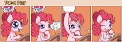 Size: 1400x489 | Tagged: safe, artist:solar-slash, pinkie pie, earth pony, pony, comic, female, grin, mare, mouth hold, panel play, pencil, smiling, solo, thought bubble