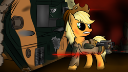 Size: 1920x1080 | Tagged: safe, artist:abaddon41, applejack, earth pony, pony, female, gun, mare, ponyhammer, solo, tank (vehicle), warhammer (game), warhammer 40k