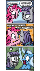 Size: 500x899 | Tagged: safe, artist:foudubulbe, derpibooru import, maud pie, pinkie pie, trixie, earth pony, pony, comic:damp rocks, comic, cringing, faic, female, grin, lesbian, mauxie, open mouth, scared, screaming, shipping, shocked, smiling, tongue out, why, yelling