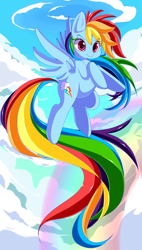 Size: 850x1500 | Tagged: dead source, safe, artist:sugaryrainbow, rainbow dash, pegasus, pony, cloud, cute, dashabetes, female, flying, rainbow, sky, solo, spread wings, wings