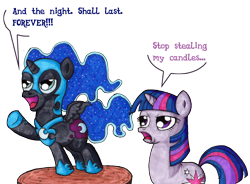 Size: 2121x1565 | Tagged: safe, artist:darkone10, derpibooru import, nightmare moon, twilight sparkle, bad joke, cute, filly, nightmare woon