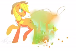 Size: 2700x1800 | Tagged: safe, artist:stupidyou3, applejack, earth pony, pony, lasso, leaves, mouth hold, solo