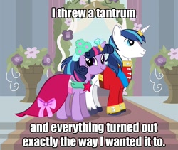 Size: 967x816 | Tagged: safe, shining armor, twilight sparkle, pony, unicorn, friendship is witchcraft, broken aesop, caption, clothes, dress, female, foaly matripony, francis sparkle, incest, male, mare, meme, not creepy, not incest, shiningsparkle, shipping, stallion, straight, tantrum, twiface, wedding, wrong neighborhood