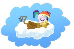 Size: 1500x1000 | Tagged: safe, artist:madmax, oc, oc only, oc:rainbow feather, griffon, cloud, eyes closed, female, interspecies offspring, magical lesbian spawn, offspring, on a cloud, parent:gilda, parent:rainbow dash, parents:gildash, prone, rainbow hair, simple background, sleeping, smiling, solo, transparent background