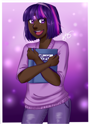 Size: 900x1246 | Tagged: safe, artist:pyonkotcchi, derpibooru import, twilight sparkle, book, dark skin, humanized, smiling