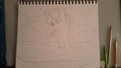 Size: 5312x2988 | Tagged: safe, artist:cryst4lclear, princess luna, alicorn, pony, hot springs, night sky, sketch, stars, traditional art, water