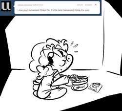 Size: 770x700 | Tagged: dead source, safe, artist:tess, pinkie pie, human, caught, cookie, crumbs, eating, female, humanized, looking back, monochrome, sitting, solo