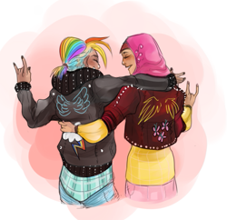 Size: 657x635 | Tagged: safe, artist:spaceypoo, fluttershy, rainbow dash, behind, clothes, hijab, humanized, islam, islamashy, jacket