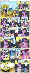 Size: 1200x2892 | Tagged: safe, artist:muffinshire, night light, shining armor, twilight sparkle, twilight velvet, pony, unicorn, comic:twilight's first day, bunny ears, carriage, cat's cradle, clothes, comic, female, filly, flower, magic, magic fail, magic mishap, male, mare, moustache, slice of life, smoking horn, spell gone wrong, stallion, taxi, telekinesis, tulip, uniform, wide eyes, younger