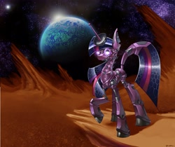 Size: 4805x4027 | Tagged: safe, artist:cybertoaster, derpibooru import, twilight sparkle, robot, absurd resolution, planet, space