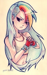 Size: 362x573 | Tagged: safe, artist:kerriwon, rainbow dash, human, clothes, gloves, humanized, solo, traditional art