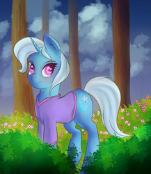 Size: 1793x2069 | Tagged: safe, artist:brok-enwings, derpibooru import, trixie, pony, clothes, female, flower, morning ponies, scenery, smiling, solo