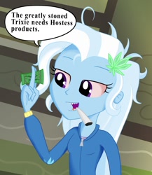 Size: 832x958 | Tagged: safe, artist:ohohokapi, derpibooru import, trixie, equestria girls, drugs, hostess, marijuana, sticky icky trixie, stoned trixie