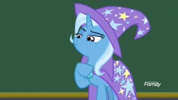 Size: 1920x1080 | Tagged: safe, derpibooru import, screencap, trixie, pony, unicorn, a matter of principals, cape, chalkboard, clothes, female, hat, hoof on chest, mare, proud, raised eyebrow, smug, solo