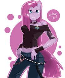 Size: 1065x1280 | Tagged: safe, artist:skykain, pinkie pie, anthro, earth pony, belly button, clothes, female, midriff, pants, pinkamena diane pie, smiling, solo