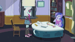 Size: 480x270 | Tagged: safe, screencap, photo finish, pixel pizazz, princess luna, vice principal luna, violet blurr, equestria girls, friendship games, photo finished, animated, didn't think this through, luna's office, oh crap face, the snapshots, this is gonna suck