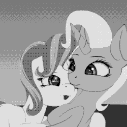 Size: 624x624 | Tagged: artist needed, source needed, safe, derpibooru import, starlight glimmer, trixie, pony, unicorn, duo, female, grayscale, halftone, hug, mare, monochrome, offset, smiling, tongue out, wip