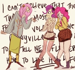 Size: 1280x1186 | Tagged: safe, artist:emmy, fluttershy, pinkie pie, rarity, human, clothes, humanized, skirt