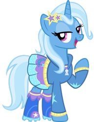 Size: 800x949 | Tagged: safe, artist:pixelkitties, derpibooru import, trixie, pony, unicorn, clothes, equestria girls outfit, equestria girls ponified, female, hoodie, looking at you, mare, open mouth, ponified, ponified humanized pony, raised hoof, simple background, skirt, solo, transparent background