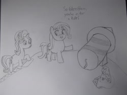 Size: 1280x960 | Tagged: safe, artist:mrfiliu, derpibooru import, starlight glimmer, trixie, pony, unicorn, black and white, female, grayscale, mare, monochrome, newbie artist training grounds, rocket, sketch, toy interpretation, traditional art, trixie's rocket