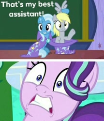 Size: 892x1036 | Tagged: safe, derpibooru import, edit, edited screencap, screencap, derpy hooves, starlight glimmer, trixie, pony, unicorn, a matter of principals, the parent map