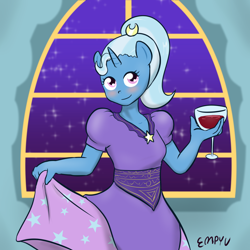 Size: 1000x1000 | Tagged: safe, artist:empyu, derpibooru import, trixie, anthro, 30 minute art challenge, clothes, dress, queen trixiana the first, solo, wine