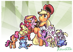 Size: 1024x732 | Tagged: safe, artist:kikirrikitiki, derpibooru import, apple bloom, applejack, big macintosh, derpy hooves, fluttershy, pinkie pie, rainbow dash, rarity, scootaloo, sweetie belle, trixie, twilight sparkle, earth pony, pegasus, pony, unicorn, age regression, cutie mark crusaders, male, mane six, stallion