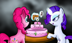 Size: 1280x774 | Tagged: safe, artist:n1de, pinkie pie, rarity, earth pony, pony, unicorn, cake, female, horn, mare