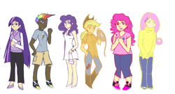 Size: 900x485 | Tagged: safe, derpibooru import, applejack, fluttershy, pinkie pie, rainbow dash, rarity, twilight sparkle, clothes, dress, humanized, mane six, sweatershy