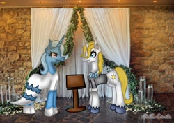 Size: 700x498 | Tagged: safe, artist:commandereclipse, derpibooru import, prince blueblood, trixie, bluetrix, clothes, dress, female, irl, male, marriage, photo, ponies in real life, shipping, straight, wedding, wedding dress