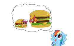 Size: 1427x892 | Tagged: safe, big macintosh, rainbow dash, scootaloo, earth pony, pegasus, pony, big mac (burger), dash's thoughts, food, immenent cannibalism, male, mcdonald's, meat, ponies wanting to eat meat, pun, sandwich, scootaburger, stallion, thought bubble