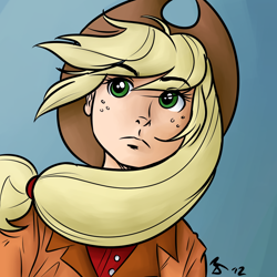 Size: 962x962 | Tagged: safe, artist:megasweet, artist:rustydooks, applejack, human, colored, humanized, solo