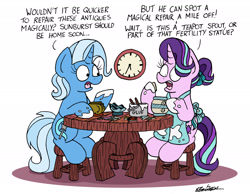 Size: 2166x1682 | Tagged: safe, artist:bobthedalek, derpibooru import, starlight glimmer, trixie, pony, unicorn, alternate hairstyle, apron, broken, clock, clothes, cup, duo, duo female, female, fixing, glue, mare, sitting, table, teacup, teapot, vase