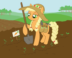 Size: 900x726 | Tagged: safe, artist:lauren faust, artist:paintedyoko, applejack, earth pony, pony, alternate hairstyle, carrot, colored, food, shovel, solo