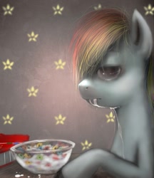 Size: 605x700 | Tagged: safe, artist:jcharlesmachiavelli, rainbow dash, pegasus, pony, blue coat, cereal, female, mare, multicolored mane, solo