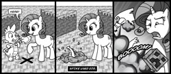 Size: 900x394 | Tagged: safe, artist:madmax, rarity, spike, dragon, pony, unicorn, comic, creeper, crossover, digging, explosion, female, male, mare, minecraft, monochrome, shovel