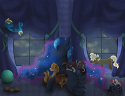 Size: 1024x788 | Tagged: safe, artist:savannahfire, princess luna, alicorn, pony, children of the night, cookie, foal, prone, sleeping