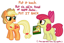 Size: 1469x992 | Tagged: safe, artist:soup, apple bloom, applejack, carrot top, golden harvest, earth pony, pony, apple jacks, cereal, simple background, transparent background