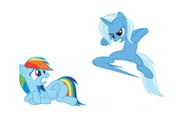 Size: 1274x854 | Tagged: safe, derpibooru import, rainbow dash, trixie, pegasus, pony, kick, kicking, martial arts, scared, this will end in pain