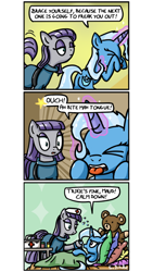 Size: 500x886 | Tagged: safe, artist:foudubulbe, derpibooru import, maud pie, trixie, pony, unicorn, comic:damp rocks, bed, comic, female, hat, lesbian, mare, mauxie, nurse, nurse hat, overreaction, shipping, tongue bite