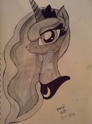 Size: 1024x1371 | Tagged: dead source, safe, artist:potatowinchester, princess luna, alicorn, pony, bust, deviantart watermark, female, mare, obtrusive watermark, portrait, solo, traditional art, watermark