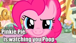 Size: 800x450 | Tagged: safe, pinkie pie, earth pony, pony, caption, female, implied defecation, mare, pink coat, pink mane, pinkie is watching