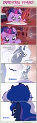 Size: 1475x4930 | Tagged: safe, artist:estories, princess luna, twilight sparkle, unicorn twilight, oc, oc:holly, alicorn, pony, unicorn, comic:seeds of darkness, comic, cupcake, magic, quill