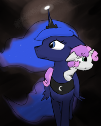 Size: 592x742 | Tagged: safe, artist:artylovr, princess luna, sweetie belle, alicorn, pony, dark, empty darkness, fanfic art, fanfic cover, glowing horn, nervous, ponies riding ponies