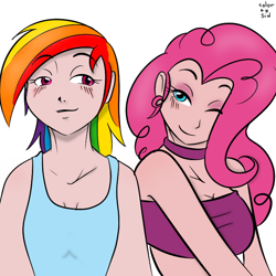 Size: 700x700 | Tagged: safe, artist:kloudmutt, pinkie pie, rainbow dash, human, blushing, breasts, female, humanized, lesbian, midriff, pinkiedash, shipping