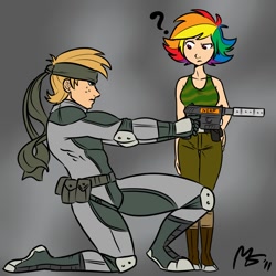 Size: 962x962 | Tagged: safe, artist:megasweet, artist:reaver, big macintosh, rainbow dash, crossover, humanized, konami, meryl silverburgh, metal gear, nerf, solid snake