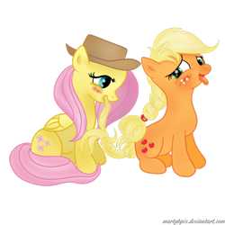 Size: 640x640 | Tagged: safe, artist:bri-sta, artist:martybpix, applejack, fluttershy, earth pony, pegasus, pony, accessory swap, appleshy, blushing, braid, colored, female, lesbian, mare, shipping, simple background, tongue out